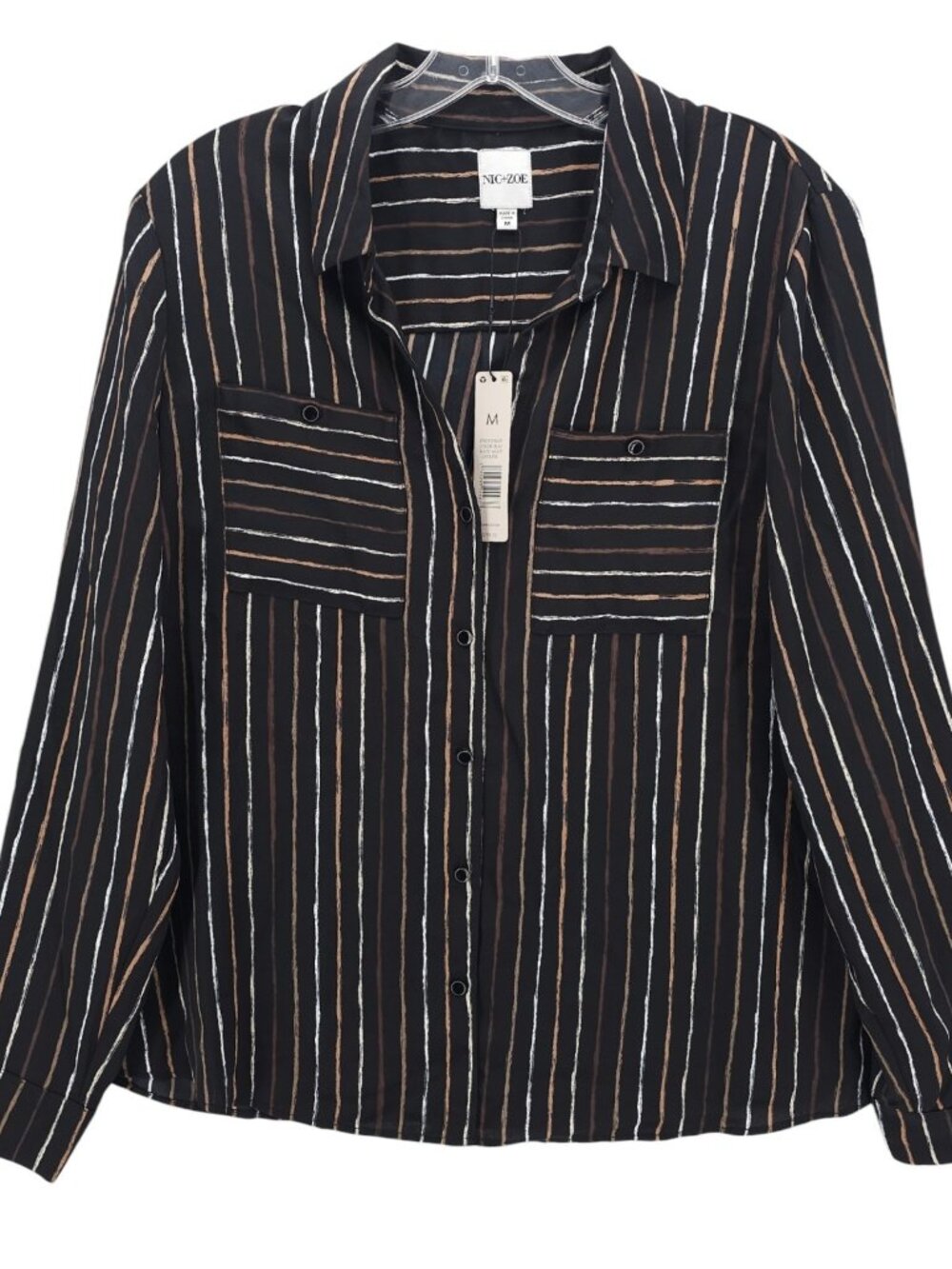 NWT NIC+ZOE Long Sleeve Button Front Shirt Black Multi Striped Size MEDIUM